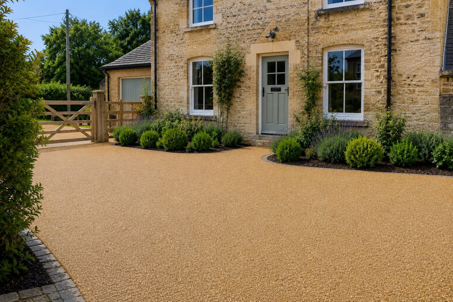 Seamless golden resin driveway at an Uppingham stone house