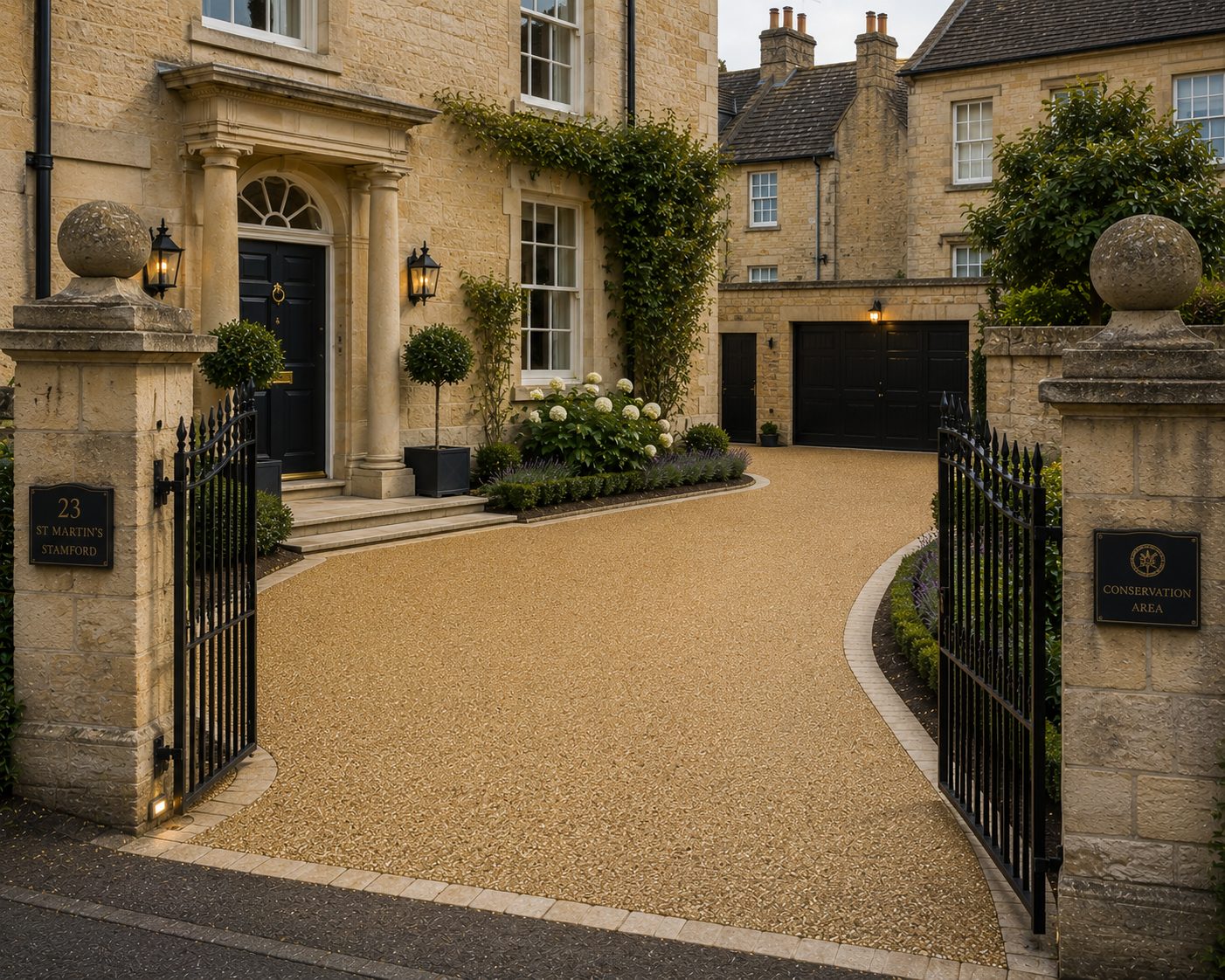 Golden resin bound driveway with gate piers at a Georgian stone house in Rutland