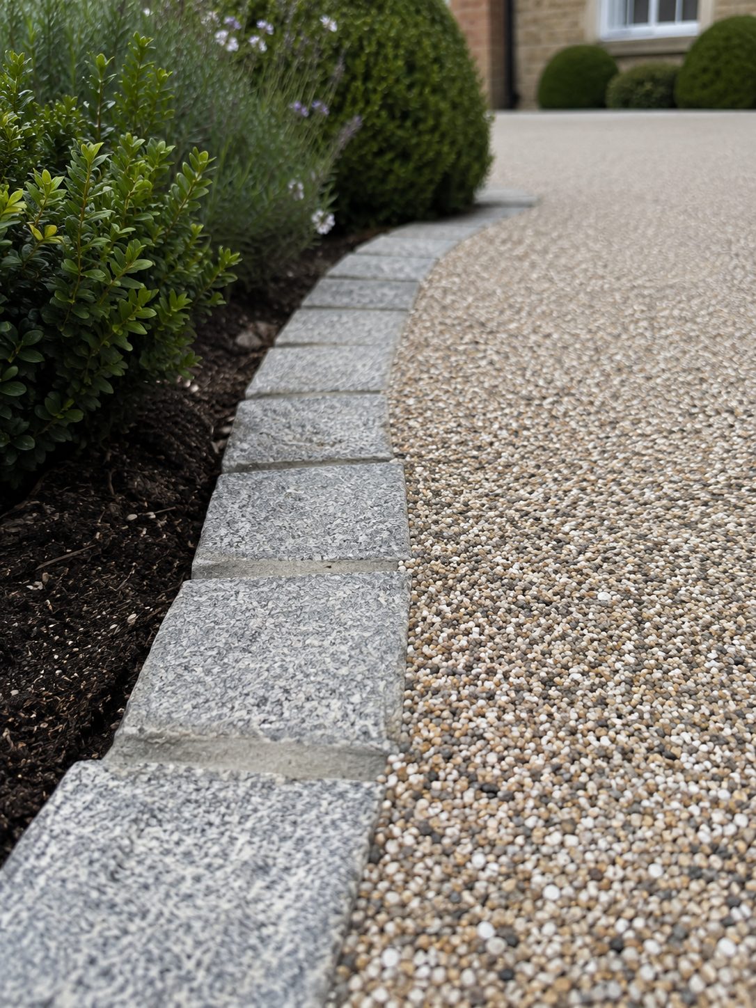 Resin bound path with granite sett edging beside a stone wall in Rutland