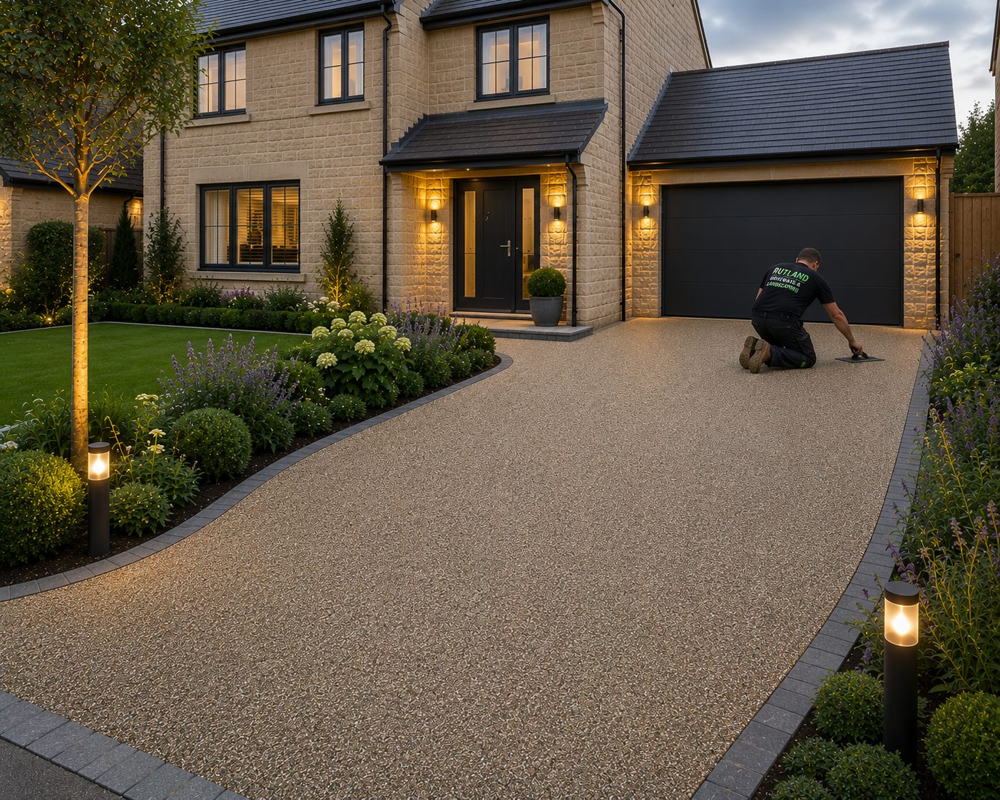 Rutland Driveways and Landscaping installer trowelling a golden resin driveway at a stone home