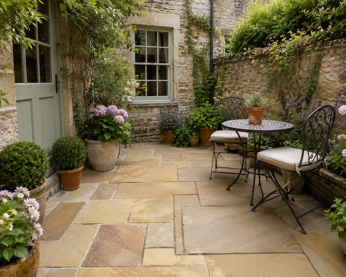 Indian sandstone patio in a walled cottage courtyard with bistro set in Rutland