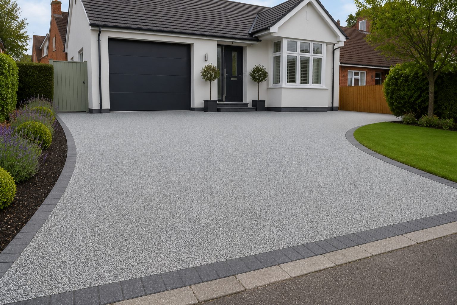 Silver grey resin bound driveway with charcoal block border at a white rendered bungalow