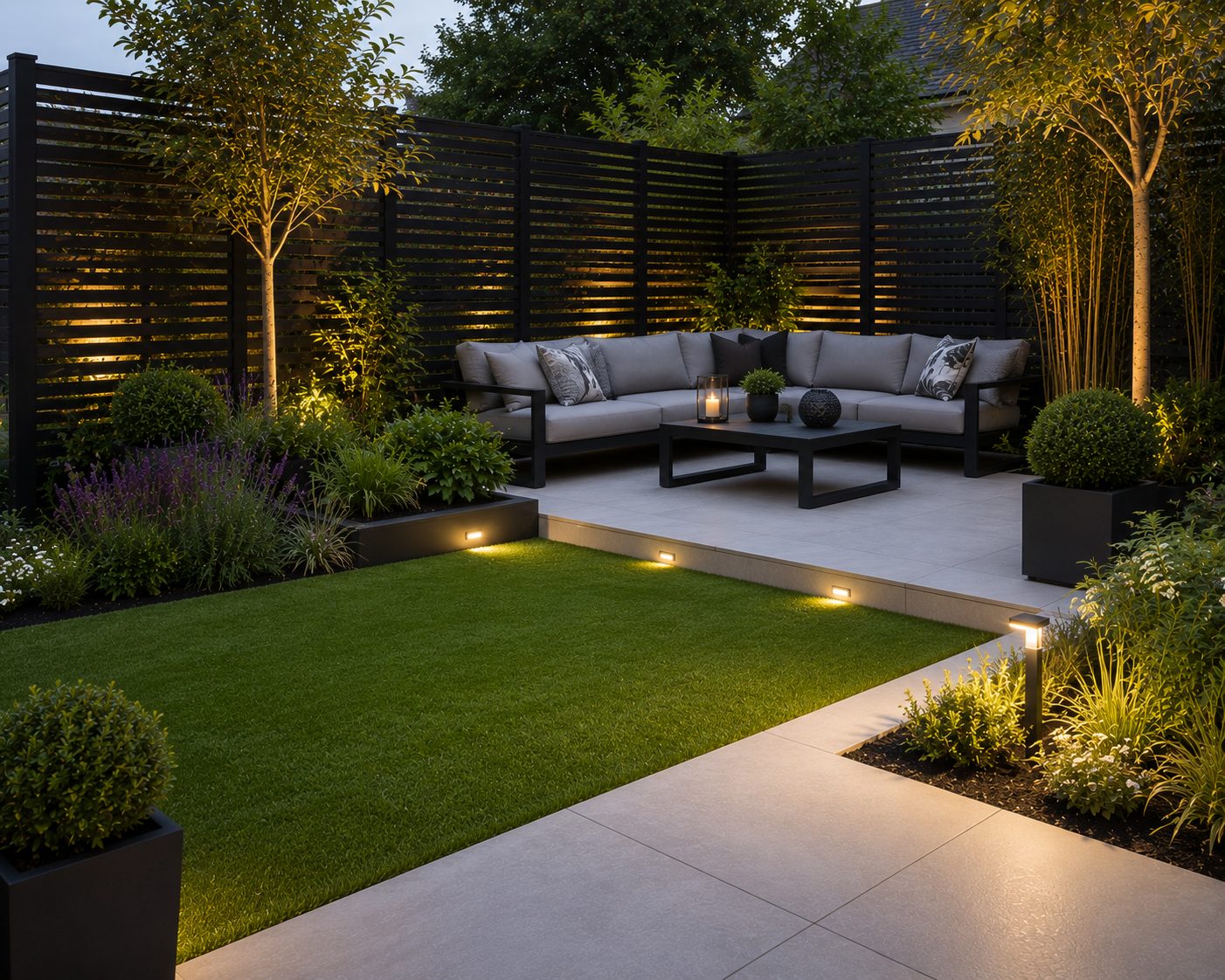 Contemporary garden with porcelain patio, lawn and dark slatted fence screening at dusk
