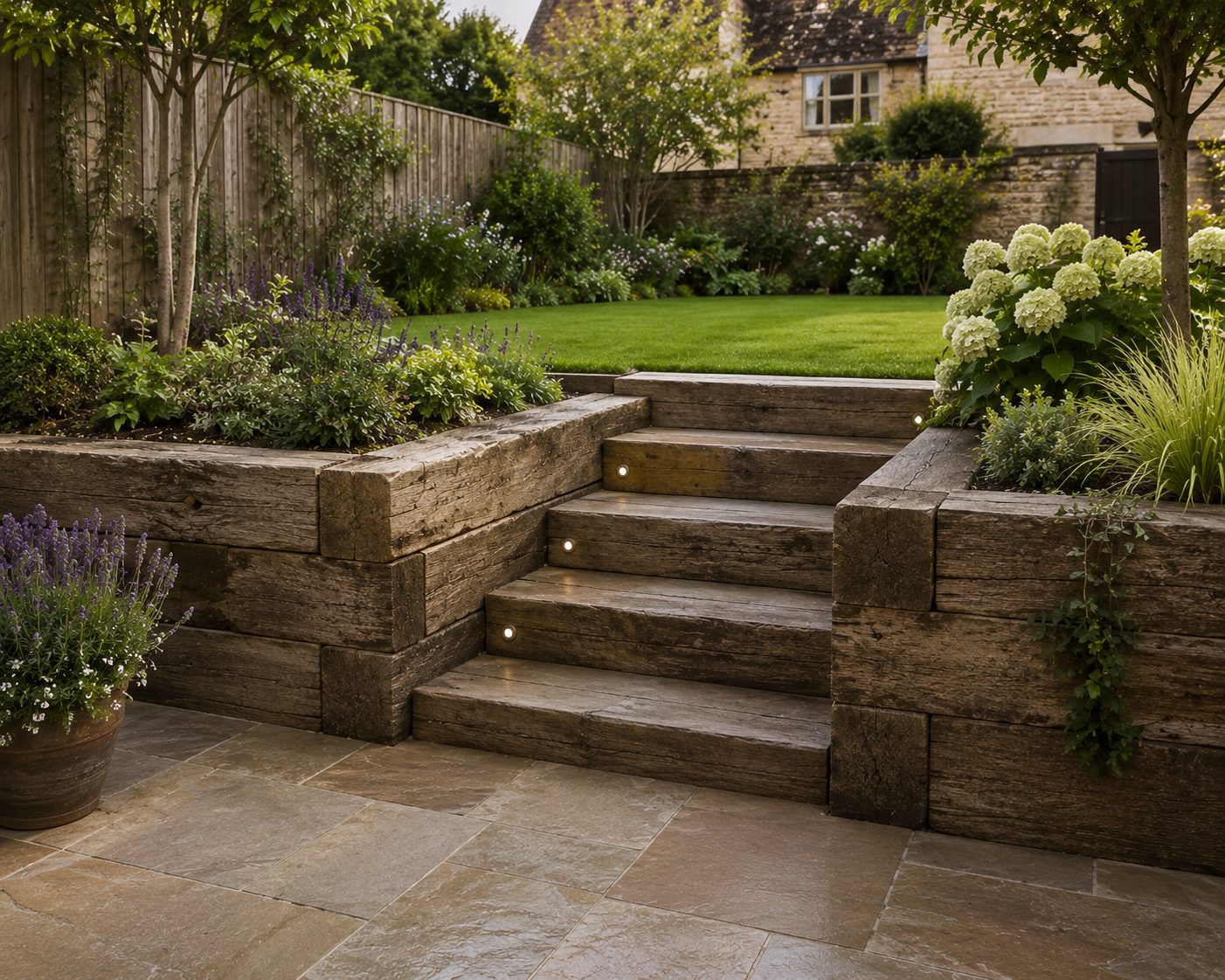 Sleeper retaining walls and steps with planting in a terraced Rutland garden