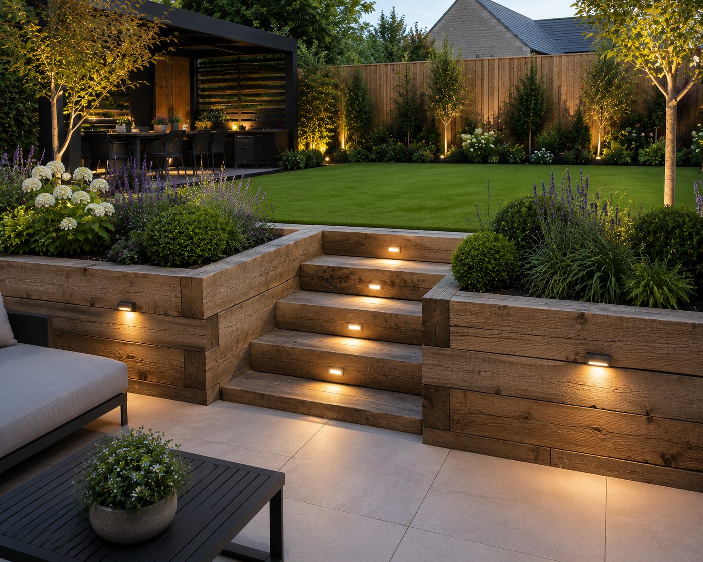 Timber sleeper retaining walls with lit steps and planted terraces in a Rutland garden