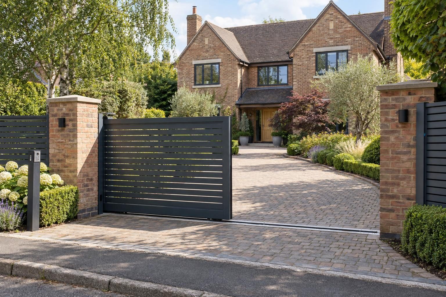 Dark grey slatted sliding driveway gate between brick piers at a detached house Dark grey slatted sliding driveway gate between brick piers at a detached house