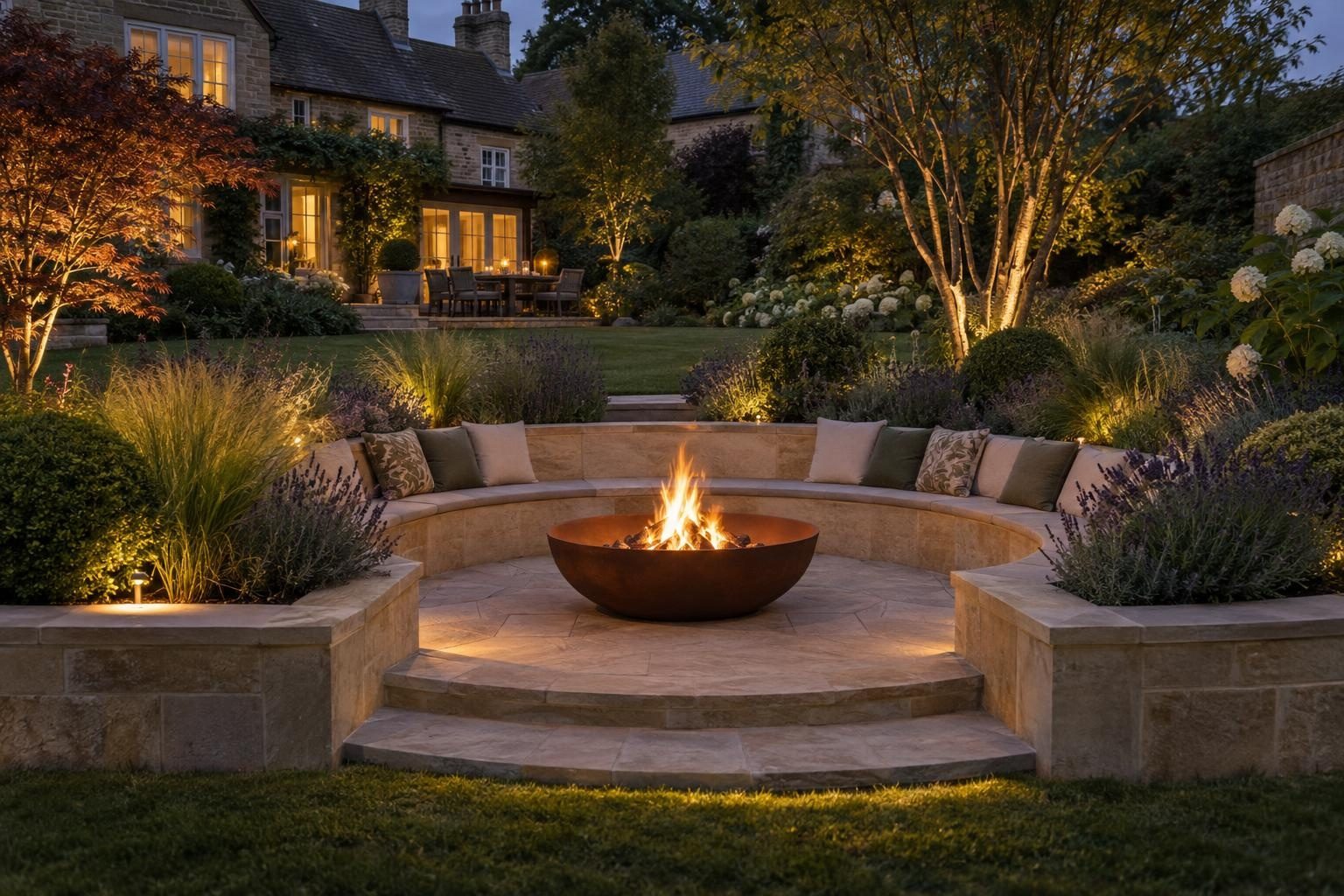 Sunken seating area with curved sandstone benches around a lit fire pit at dusk Sunken seating area with curved sandstone benches around a lit fire pit at dusk