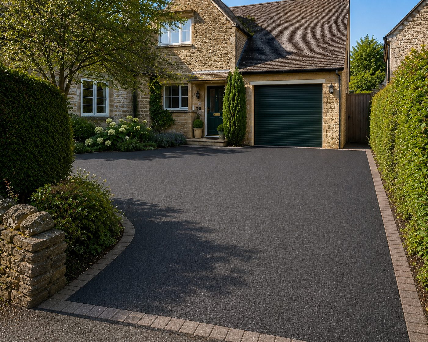 Dark tarmac driveway with block border at a stone home with green garage in Rutland