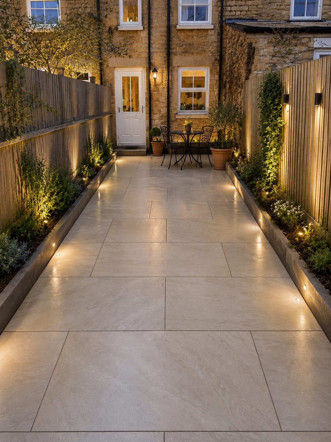 Pale porcelain paved side return with recessed lighting between fence and stone wall