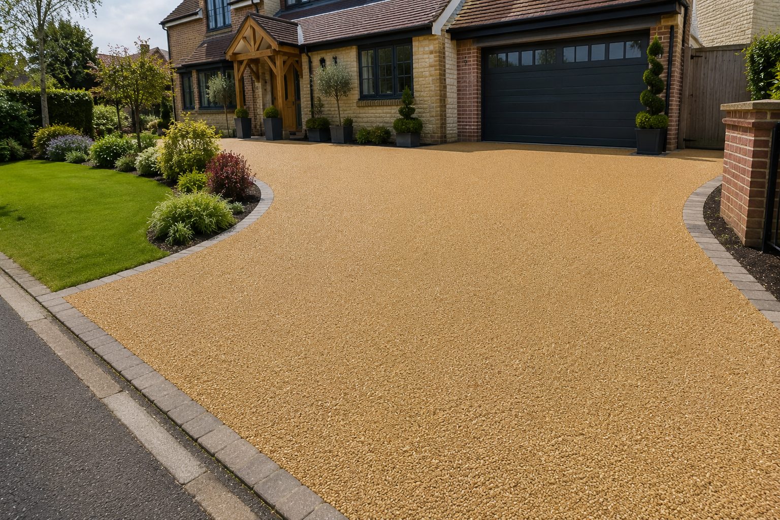 Wide golden resin bound driveway with block border at a stone home with double garage in Rutland